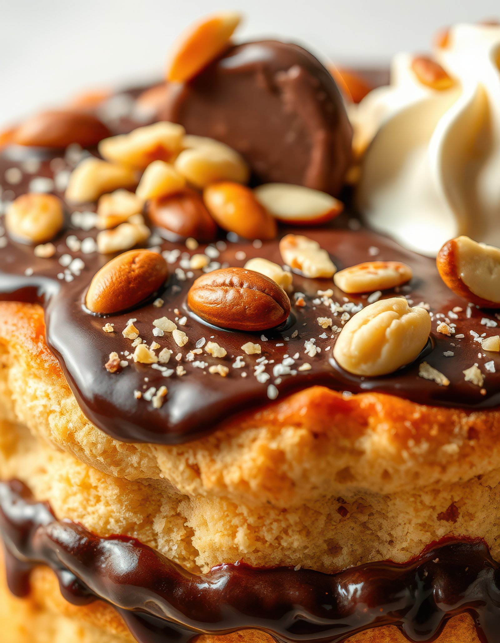 Decadent dessert featuring layered cake with chocolate frosting, nuts, and a dollop of cream on a white background